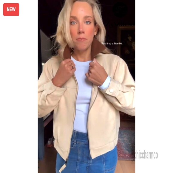 Faux Suede Cropped Jacket Contrast Collar Zip Up Utility Barn Coat - Picture 7 of 7